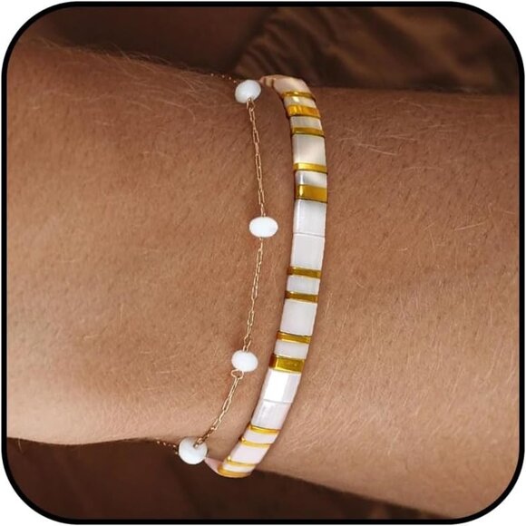 Boho Chic Tila Bead Bracelets - Stackable Stretch Jewelry for Women, 6.5-7 Inch - Picture 1 of 6